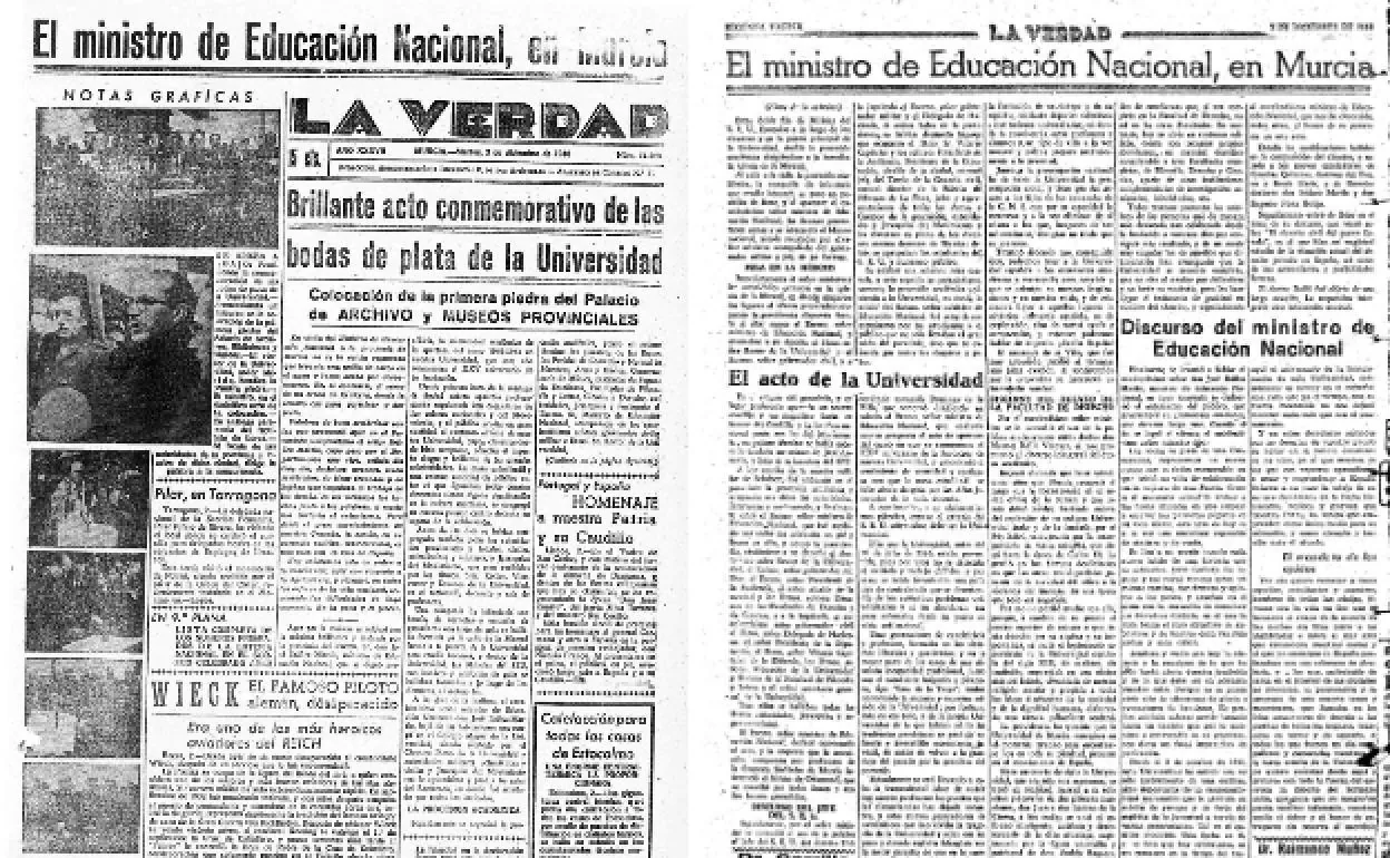 03/12/1940 LA VERDAD recogió también en sus páginas la colocación por el ministro de las primeras piedras del Palacio de Archivo y Museos Provinciales, entre otros proyectos.