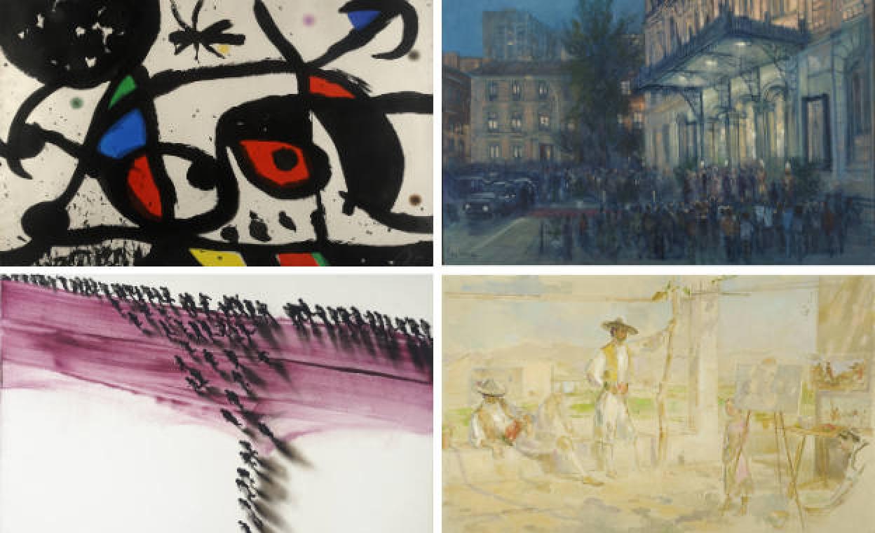 Arriba: Charivari, de Joan Miró, y El Romea, de Muñoz Barberán. Abajo: Secuencias 95, de Juan Genovés, y Homenaje a Murcia, de Ramón Gaya.