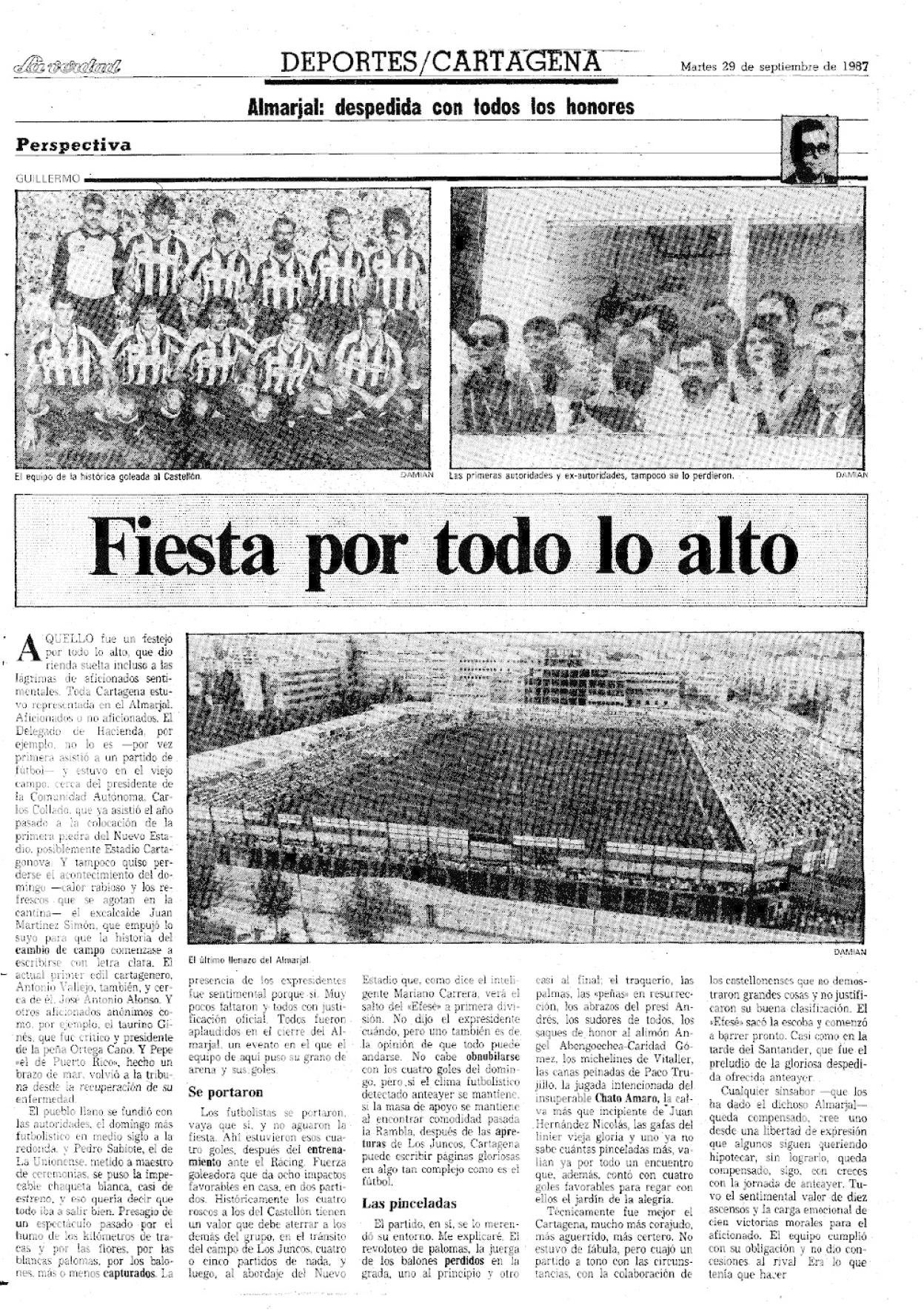 27/09/1987 | El Cartagena jugó su último partido en El Almarjal. Fue en Segunda División, ante el Castellón. En un abarrotado estadio, los albinegros lograron una goleada (4-0).