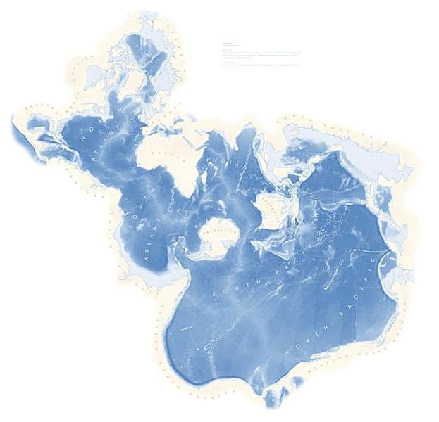 El mapa de Spilhaus muestra los océanos del mundo como si conformaran una única masa de agua. 