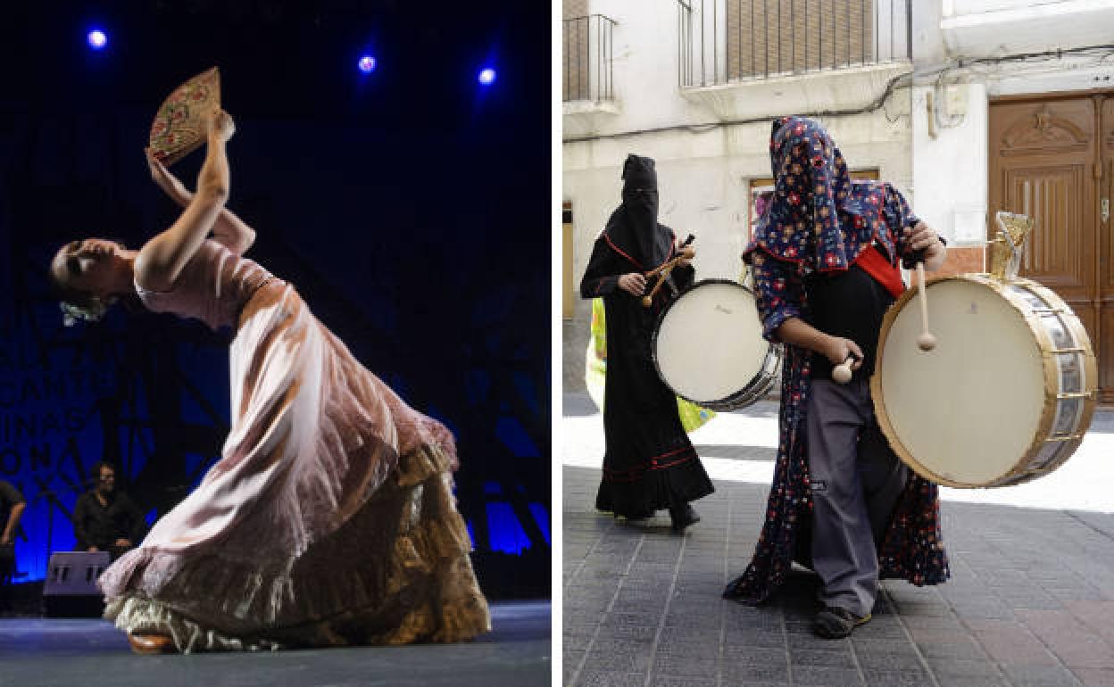 A la izquierda, Paula Comitre, en el Cante de las Minas. A la derecha, participantes de la tamborada de Moratalla.
