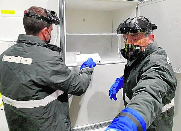 Dos operarios introducen las cajas con las dosis en los ultracongeladores de Grupo Hefame. 
