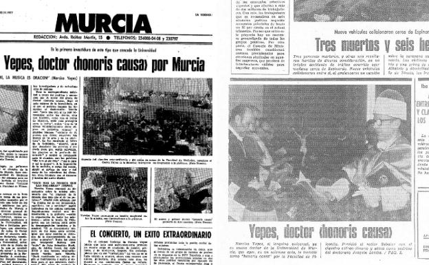 22/11/1977 LA VERDAD daba cuenta al día siguiente del acto académico de la investidura del primer doctor 'honoris causa' que recayó en el guitarrista lorquino Narciso Yepes.