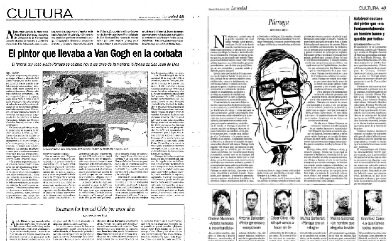 12/04/1997 Antonio Arco dijo de Párraga que era admirado porque no envidiaba, no planificaba, no hacía la puñeta al prójimo, no caía en trampas... «Era cálido y distinto. Nunca distante»