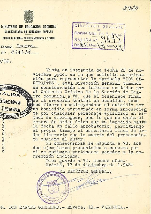 Carta del Ministerio de Educación a Lorenzo Guardiola.