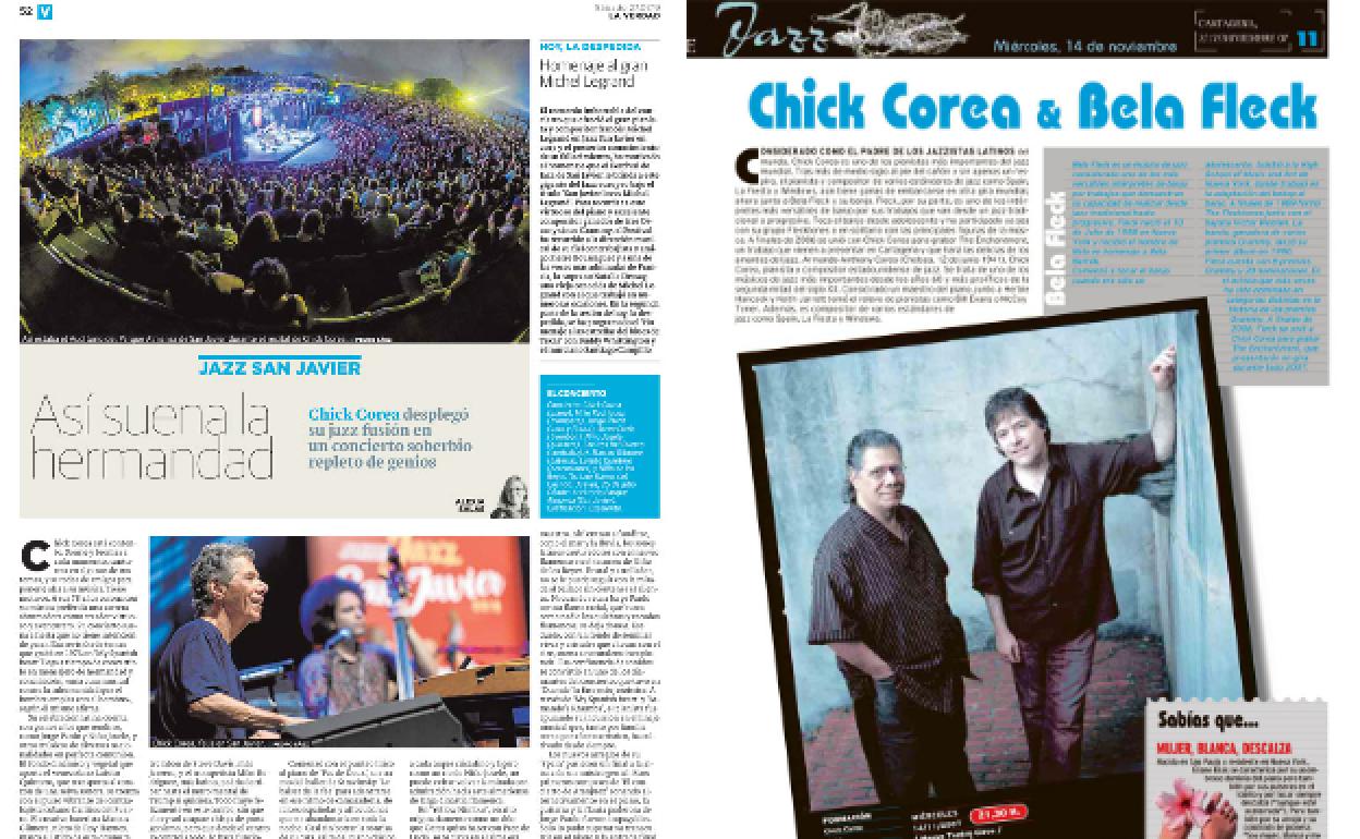 27/07/2019 El pianista actuó en la última edición del Festival de Jazz de San Javier, cuyo escenario conocía bien. También visitó Cartagena en varias ocasiones; en 2007 junto a Bela Fleck.