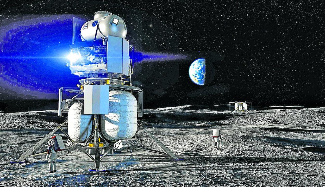 Recreación del módulo de aterrizaje de Blue Origin posado en la Luna. 