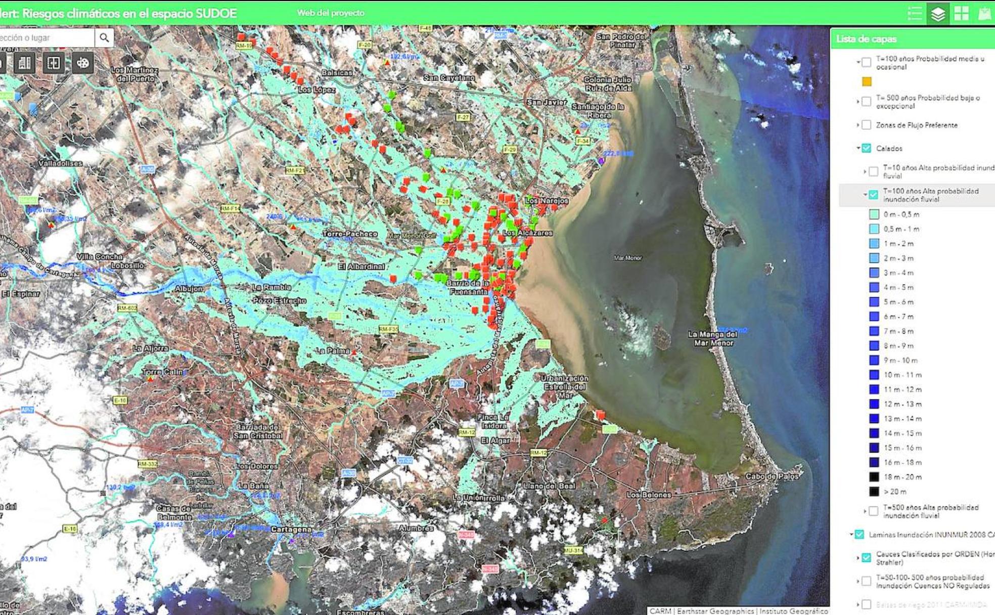 Mapa de riesgos climáticos en el espacio Sudoe de la 'app' ClimAlert.
