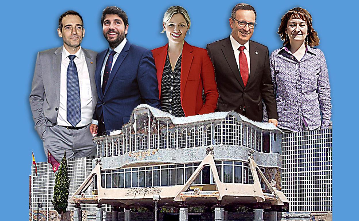 Los diputados Rafael Esteban Palazón (Podemos), Diego Conesa (PSOE), María Marín (Podemos), Juan José Liarte (Vox) y María Isabel Campuzano (Vox), en la Asamblea Regional, en una fotografía de archivo.