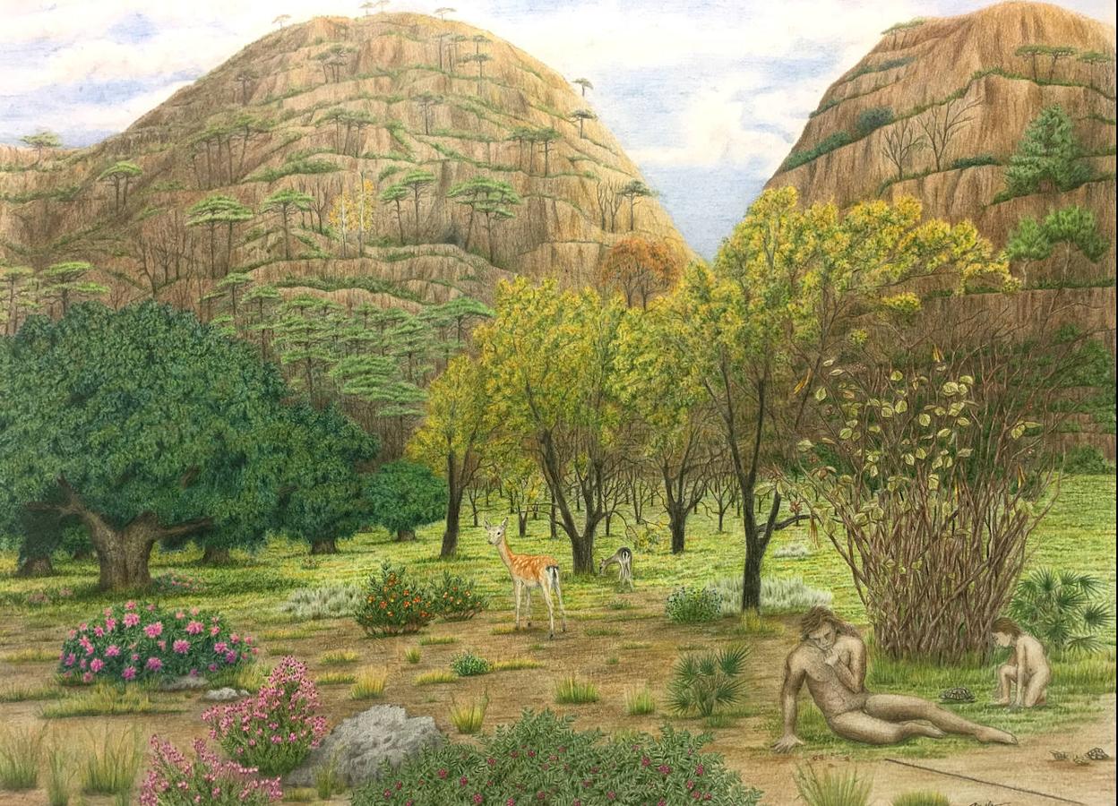 Recreación paleoartística del refugio neandertal de la Cueva del Bolomor.