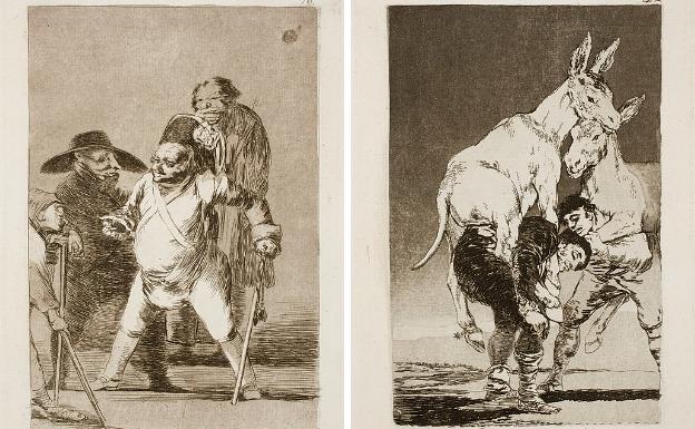 'Está vuestra merced... pues como digo... ¡eh! ¡cuidado! sino...'. Número 76 en la serie de 80 estampas de 'Los caprichos' de Goya. | El aguafuerte 'Tú que no puedes' es un grabado de la serie 'Los caprichos' que Goya publicó en 1799.