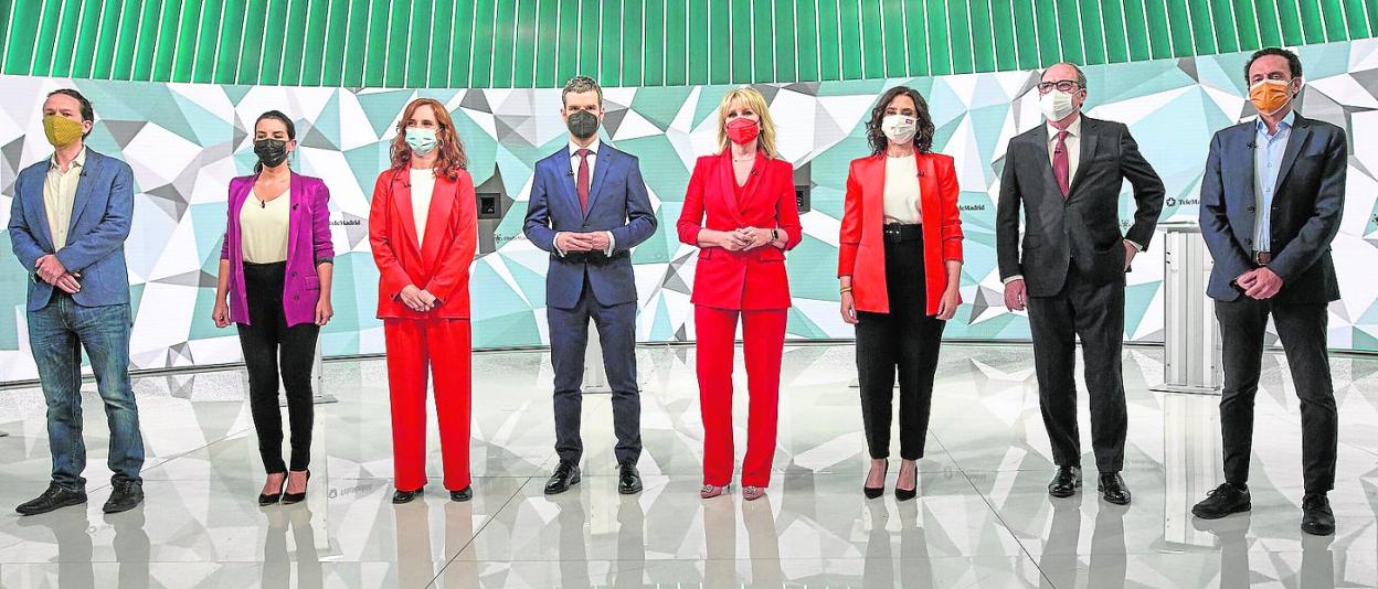 Los seis principales candidatos en las elecciones de Madrid, durante el debate celebrado en Telemadrid. 