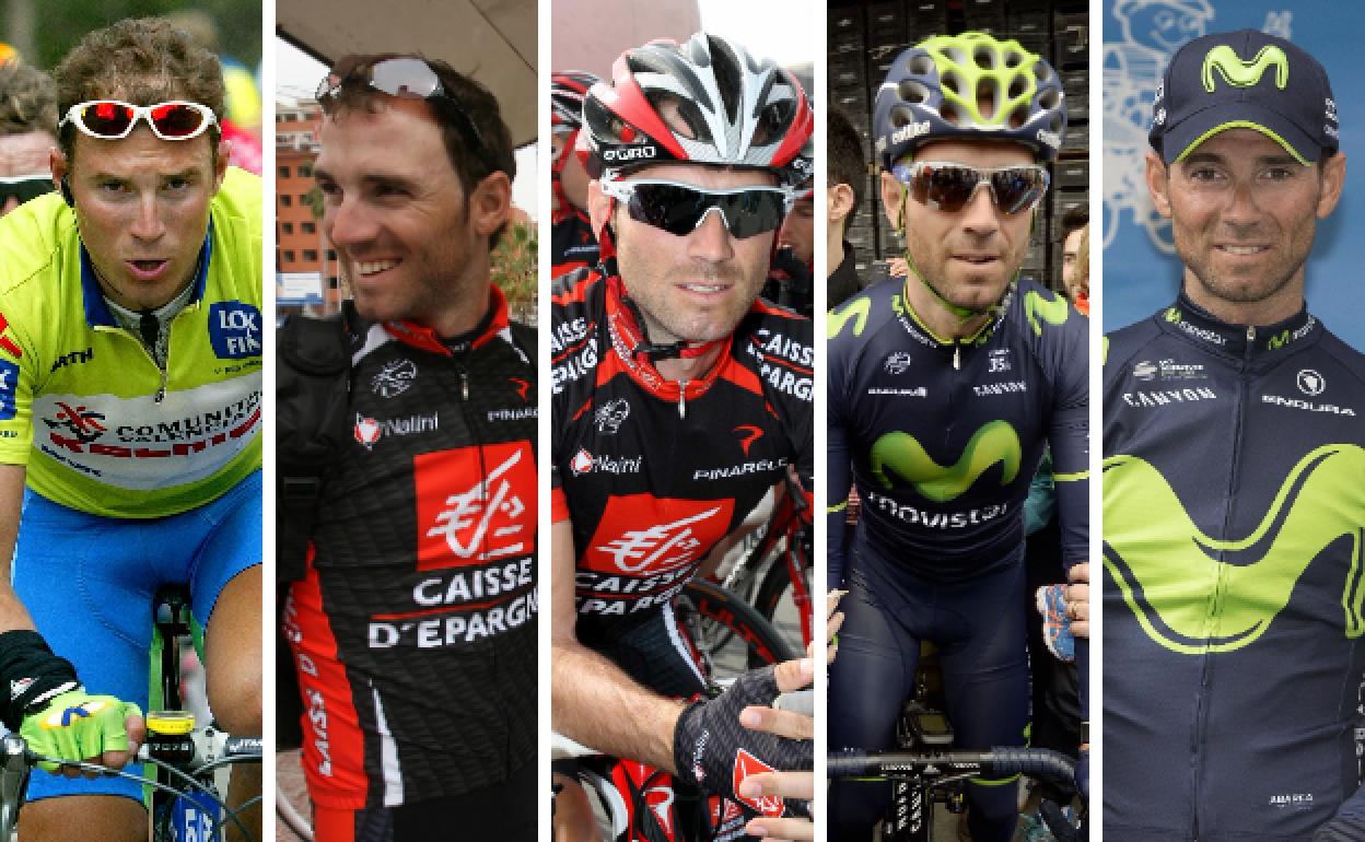 De izquierda a derecha, Alejandro Valverde en las ediciones de 2004, 2007, 2008, 2014 y 2017 de la Vuelta a Murcia, las cinco que ha ganado. 