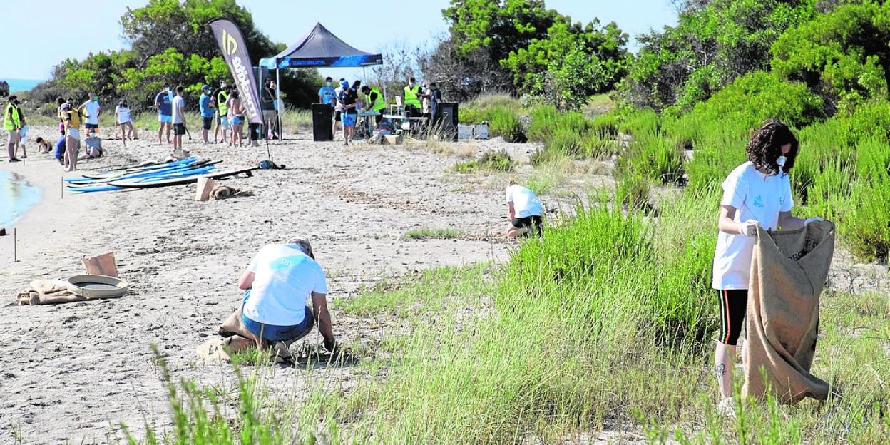 Voluntarios retiran desechos en La Caleta del Estacio, en La Manga del Mar Menor, ayer. 