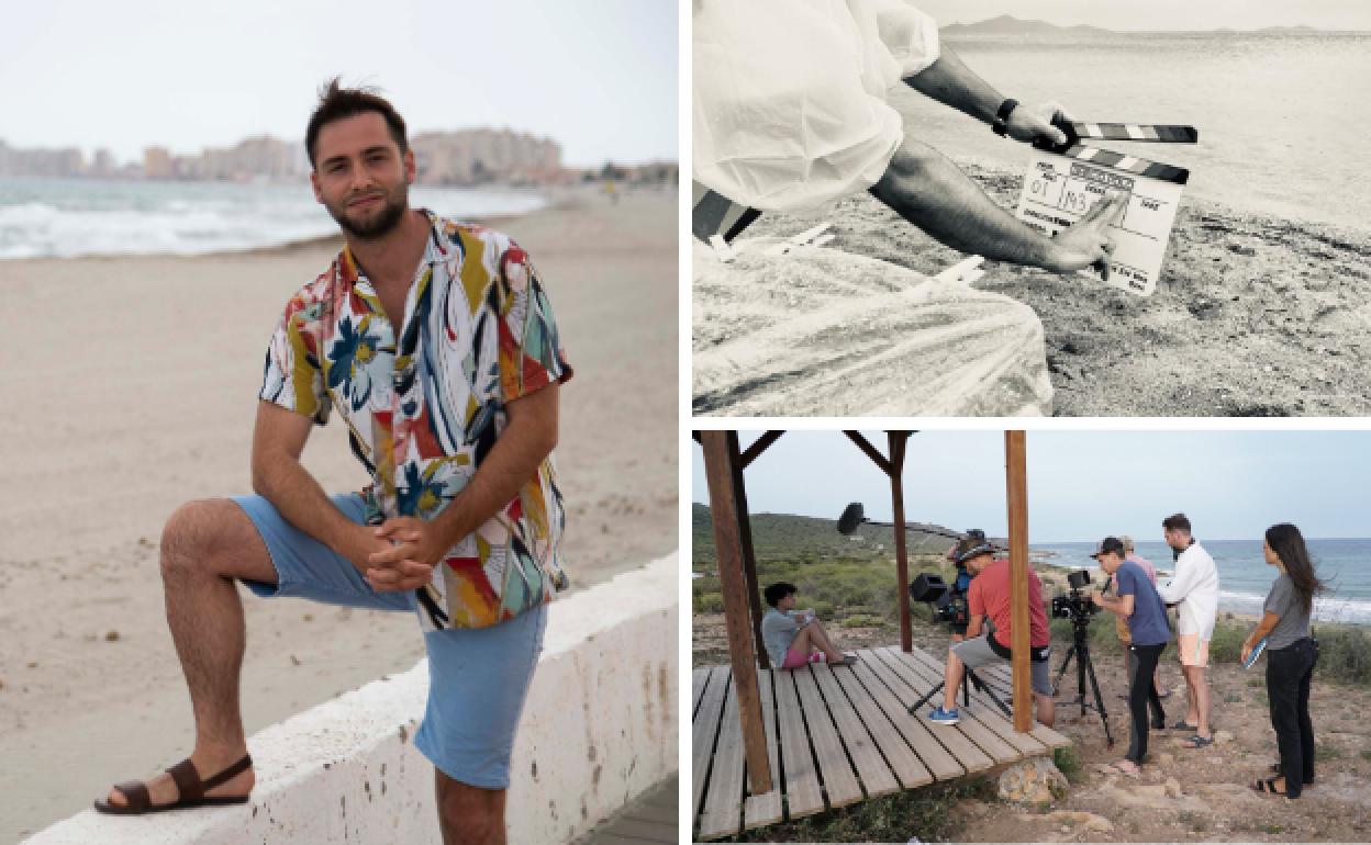 El realizador madrileño Pablo Riesgo, en una de las playas de La Manga. A la derecha, momentos de la grabación. 