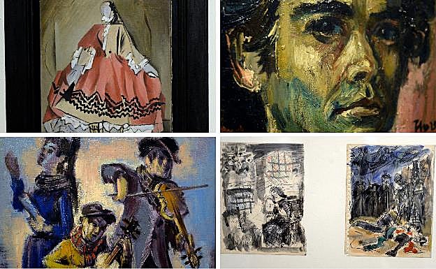 'Dama goyesca', obra de Pedro Flores, que muere el 8 de octubre de 1968. Dedican necrológicas en'Le Monde' y 'Le Figaro': es de los últimos 'Montparnos'. | Autorretrato (óleo sobre lienzo), 'Concert', apuntes para su serie del Quijote.