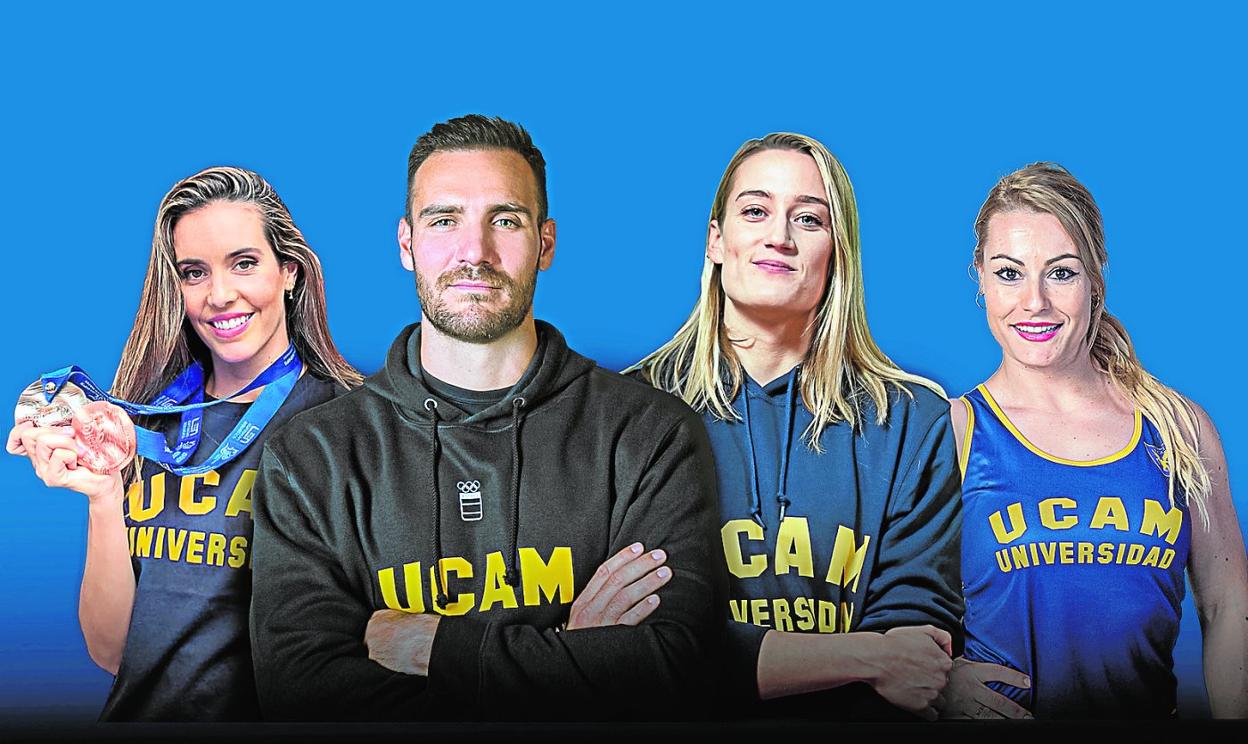 De izquierda a derecha, Ona Carbonell, Saúl Craviotto, Mireia Belmonte y Lydia Valentín, deportistas de la Católica. 