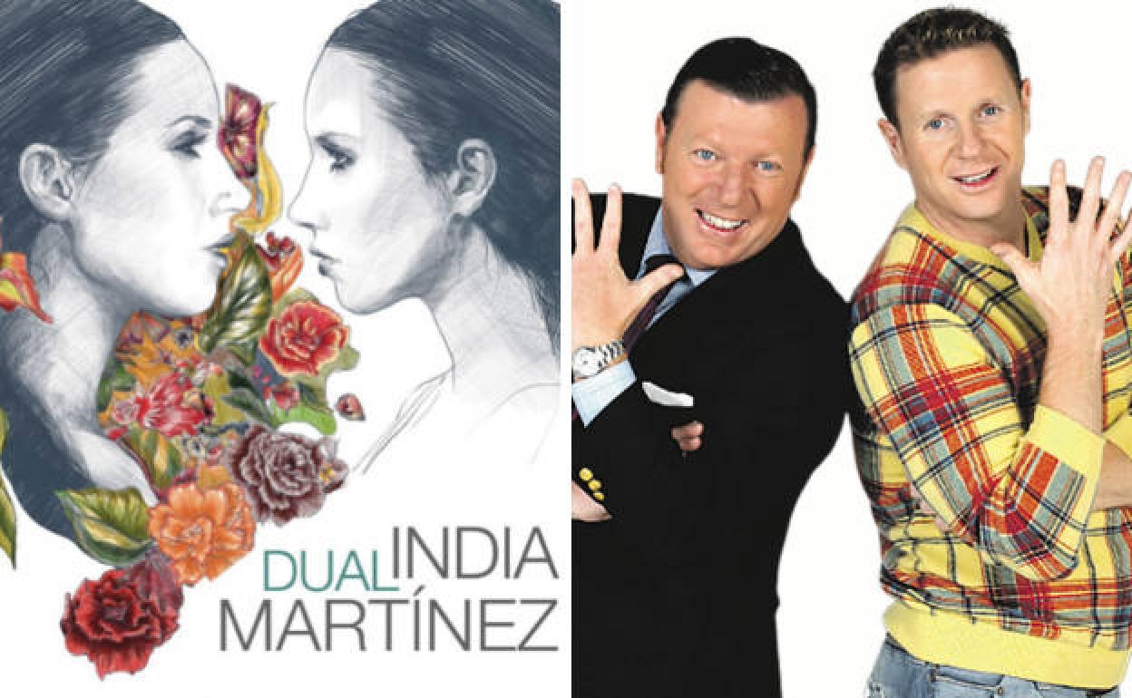 La cantante India Martínez en la portada del disco 'Dual', y Los Morancos, los hermanos Cadaval.