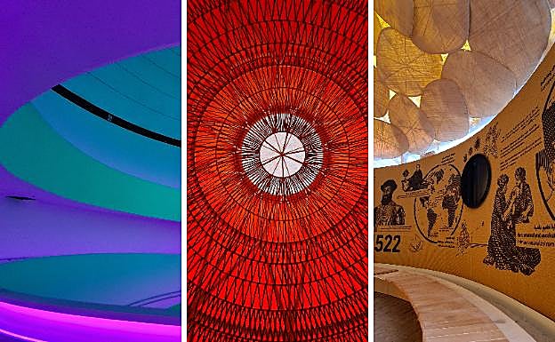 La rampa que comunica las dos plantas del espacio expositivo. Interior de uno de los conos que sirven para evacuar el aire caliente de las instalaciones. Uno de los paneles de la muestra 'Destellos', que recibirá al público.