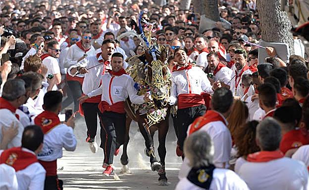 Mozos a la carrera en la última edición de los Caballos del Vino.