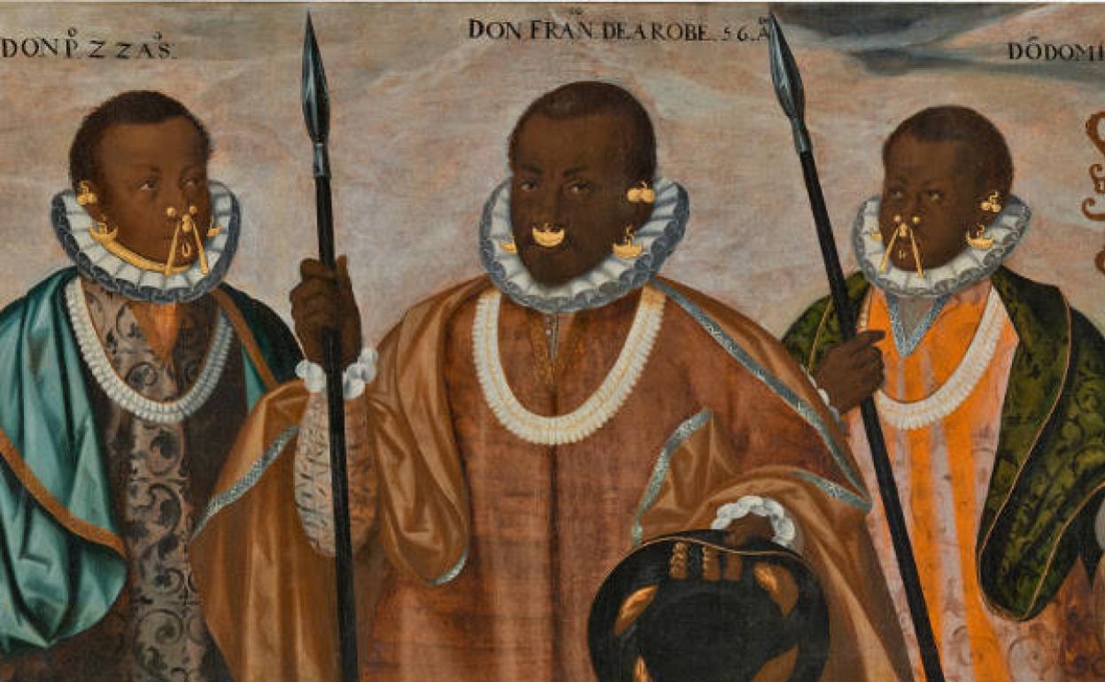 Detalle de 'Los tres mulatos de Esmeraldas', pintado por Andrés Sánchez Galque hacia 1599 y pieza destacada de la exposición 'Tornaviaje'. 