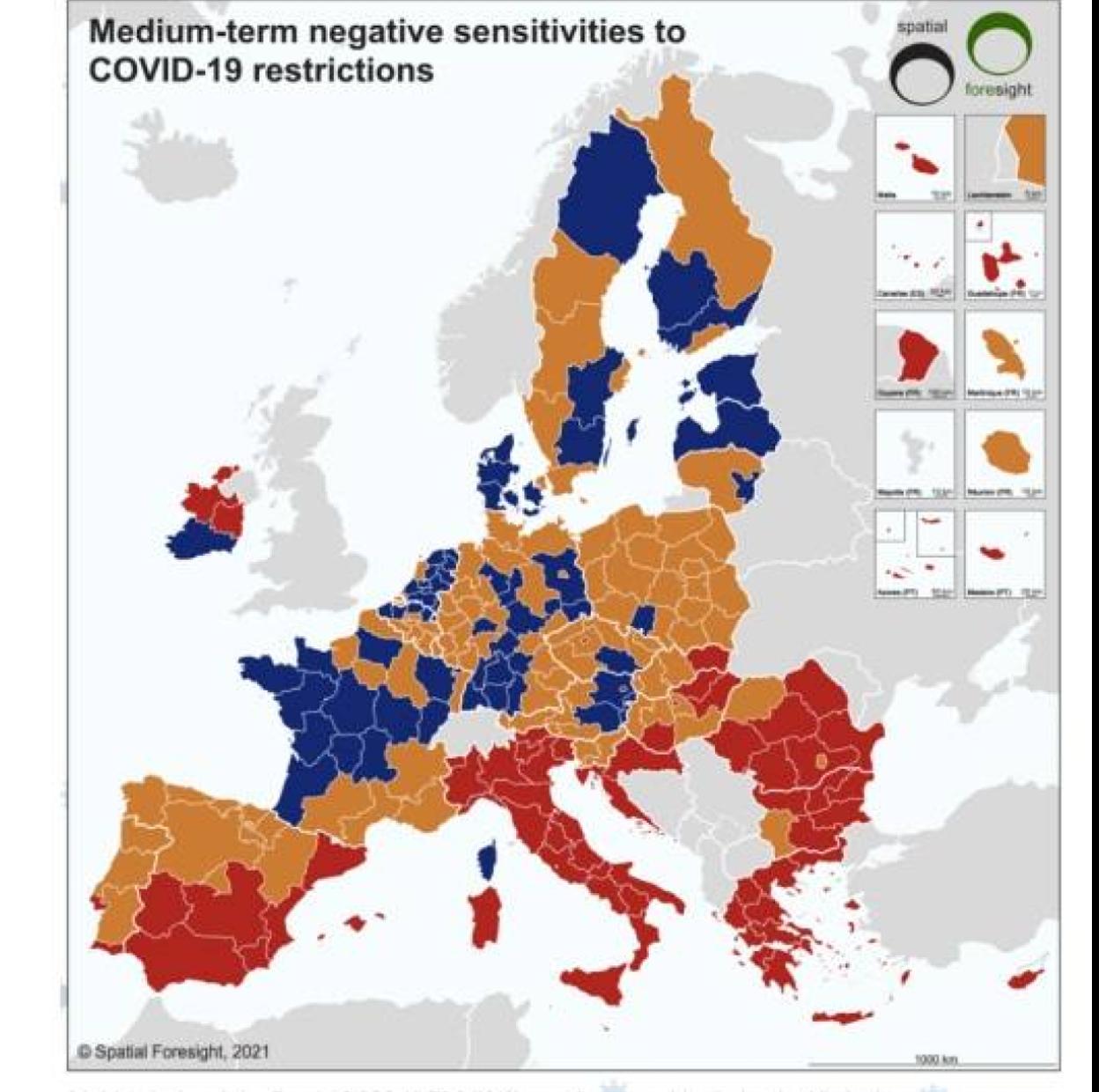 Mapa de las regiones susceptibles de sufrir un efecto económico negativo a medio plazo.