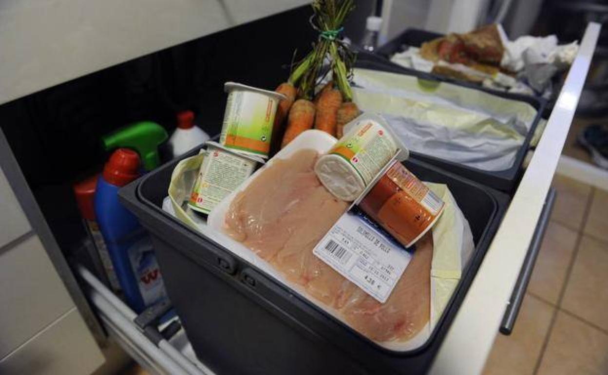 Varios alimentos arrojados sin utilizar al cubo de la basura de un domicilio español. 