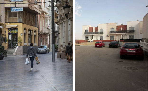 La calle Jara, ubicada en la zona con más renta de Cartagena, y la diputación de La Aljorra.