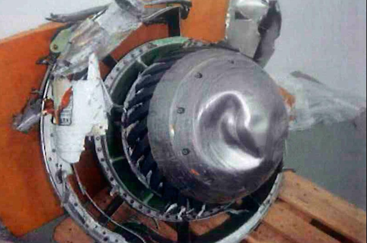 Sección delantera del motor recuperada para su análisis pericial. 