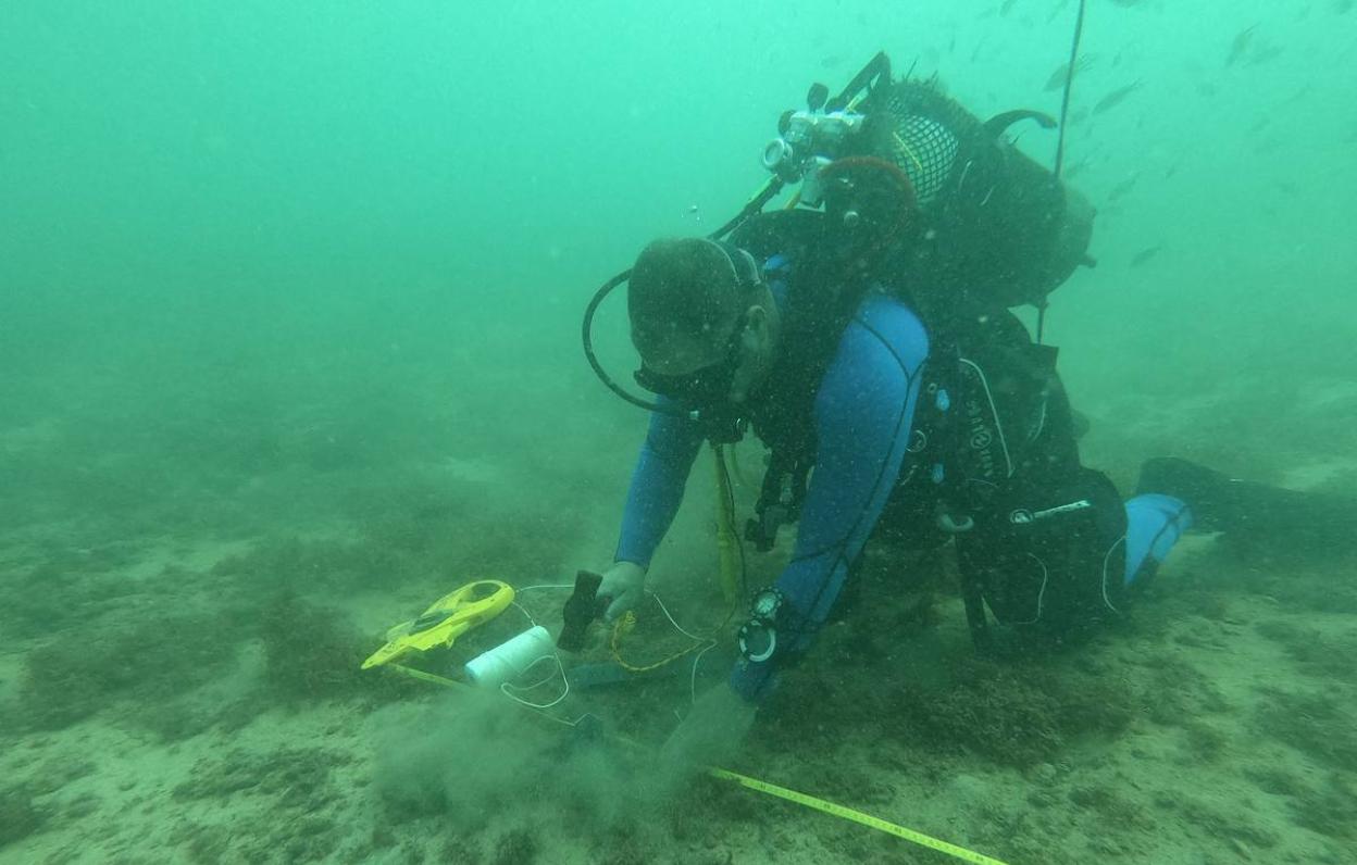 Juan Diego Mora toma medidas en una de las parcelas delimitadas en el Tajo de los Cuervos, frente al segundo túnel de camino a Escombreras. 