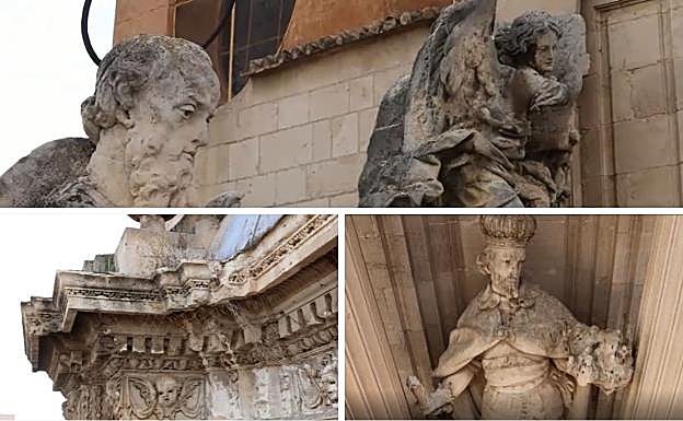 Detalles de algunas de las esculturas y cornisas del imafronte de la Catedral dañadas por la humedad y los excrementos de las palomas, que serán restaurados. 