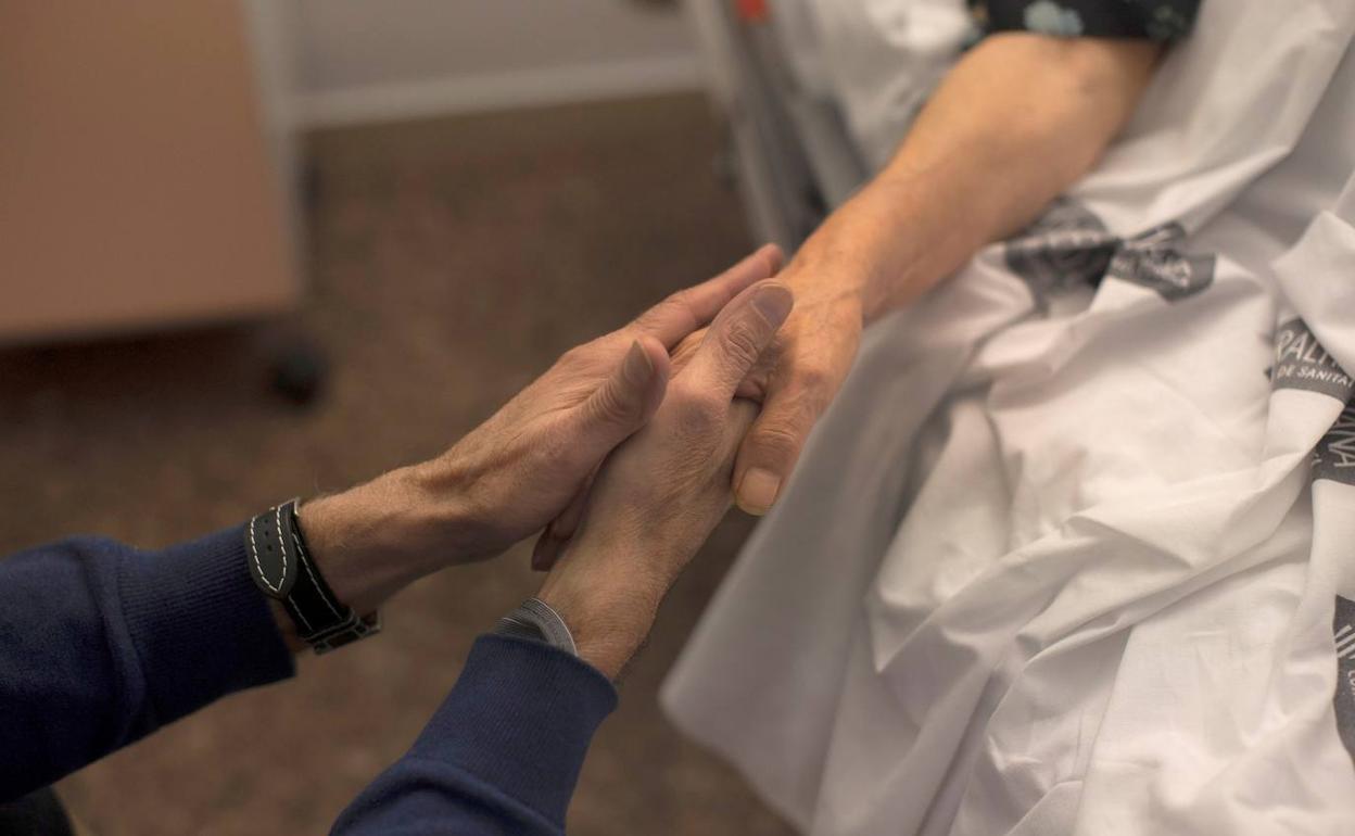 Una familiar sostiene la mano de una mujer durante un proceso de eutanasia en el Hospital Clínico de Valencia, el pasado mes de diciembre.