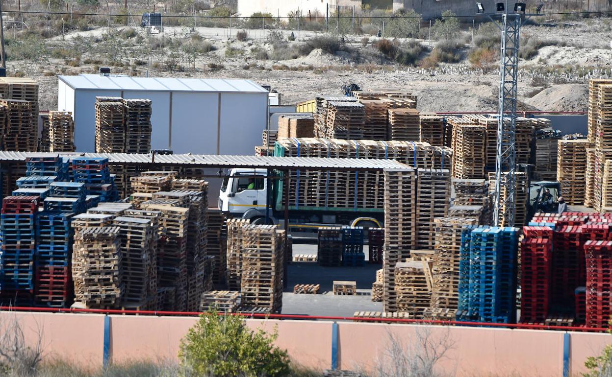 Cientos de palés acumulados en una empresa de la Región, registrada esta semana con motivo de la operación policial.
