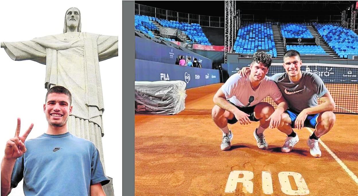 Carlos Alcaraz, en su visita al Cristo del Corcovado de Río de Janeiro; a la derecha, junto a su hermano Álvaro tras un entrenamiento en el Jockey Club Brasileiro.