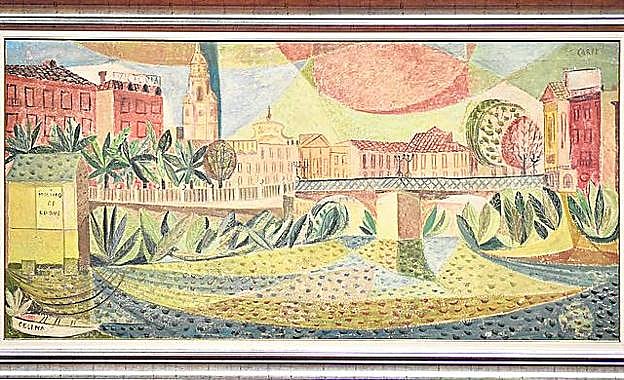 Imagen principal - Arriba, 'Puente de los Peligros' (1957/1958), de la Colección BBVA; a la izquierda, detalle de 'Meros del Mar Menor' (ha. 1970/1975); y, a la derecha, 'San Damián', encáustica sobre tabla, de 1958 y propiedad de la Cámara de Comercio de Murcia. 