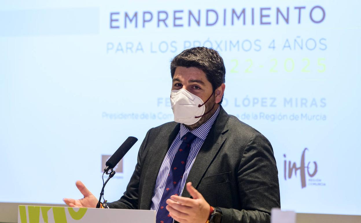 López Miras, durante el acto de presentación del nuevo plan de fomento del emprendimiento 