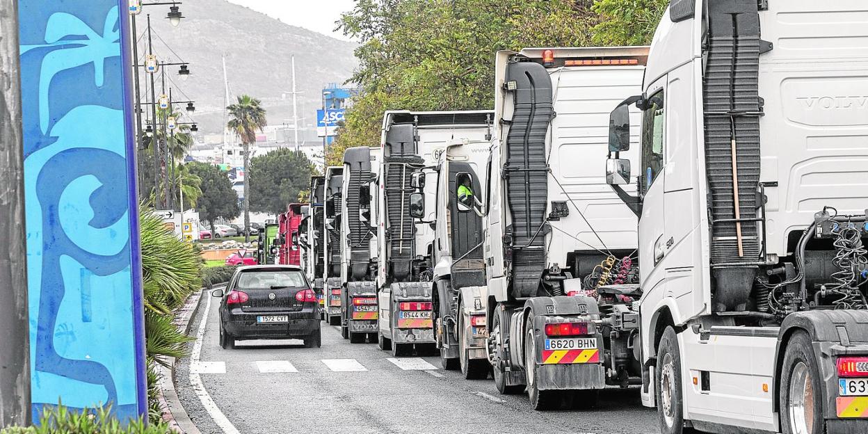 Las cabezas de camiones, durante la caravana que sí se llevó a cabo en la ciudad de Cartagena en la mañana de ayer. 