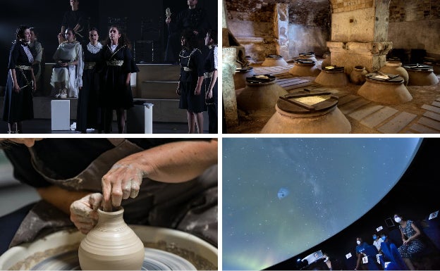 Un momento del musical 'Bernarda Alba'. | Interior del Museo del Vino de Bullas. | Taller de cerámica. | Sesión del Planetario del Museo de la Ciencia de Murcia. 