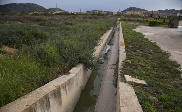 Reguero de agua verdosa que baja desde Torreciega en dirección al Hondón. 