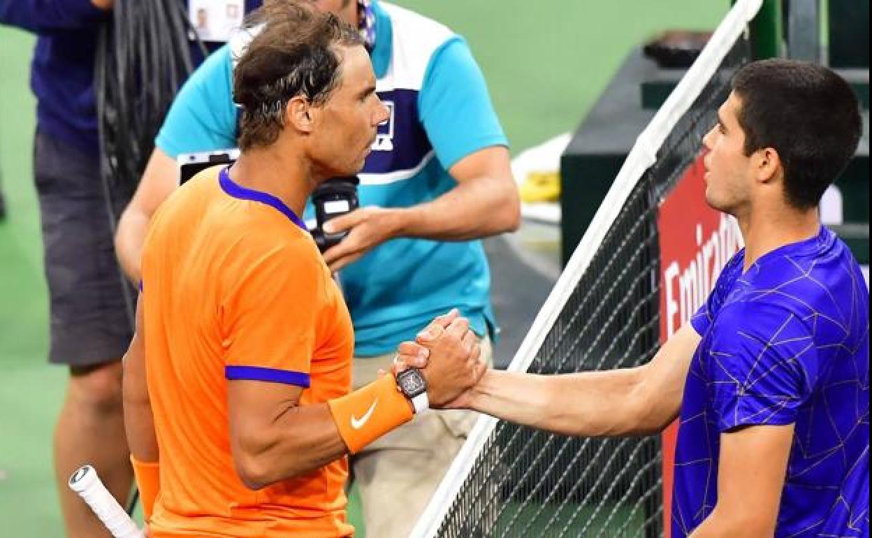 Rafa Nadal y Carlos Alcaraz, el pasado marzo.