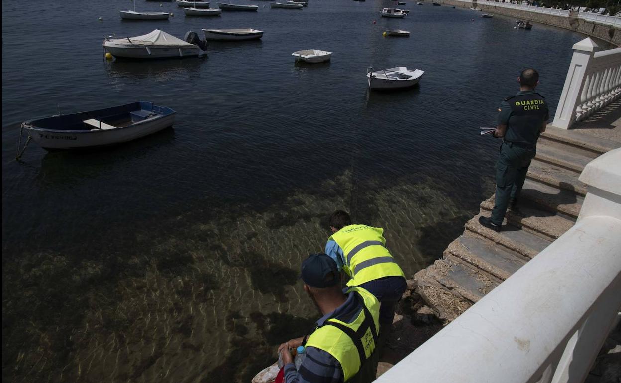 Agentes medioambientales y de la Guardia Civil, este miércoles, a orillas del Mar Menor en Santiago de la Ribera.