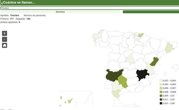 Ejemplo de la búsqueda de un apellido con el mapa interactivo del INE. 