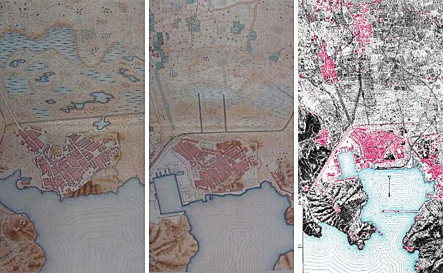 Cartagena a mitad del siglo XVII, según el Proyecto de Ensanche, Reforma y Saneamiento de 1896. | El Proyecto de Ensanche, Reforma y Saneamiento, de 1896, plasmó de este modo la ciudad de finales del XVIII. | Cartagena en el siglo XIX, según Manuel Fernández-Villamarzo, 1907.