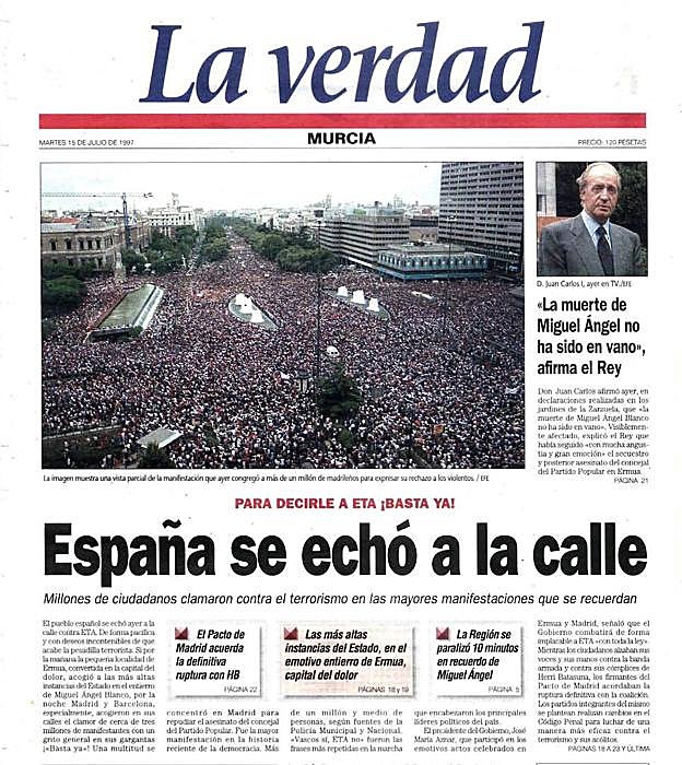 Titular de la edición del 15 de julio de 1997 tras la gran manifestación contra ETA: «España se echó a la calle».