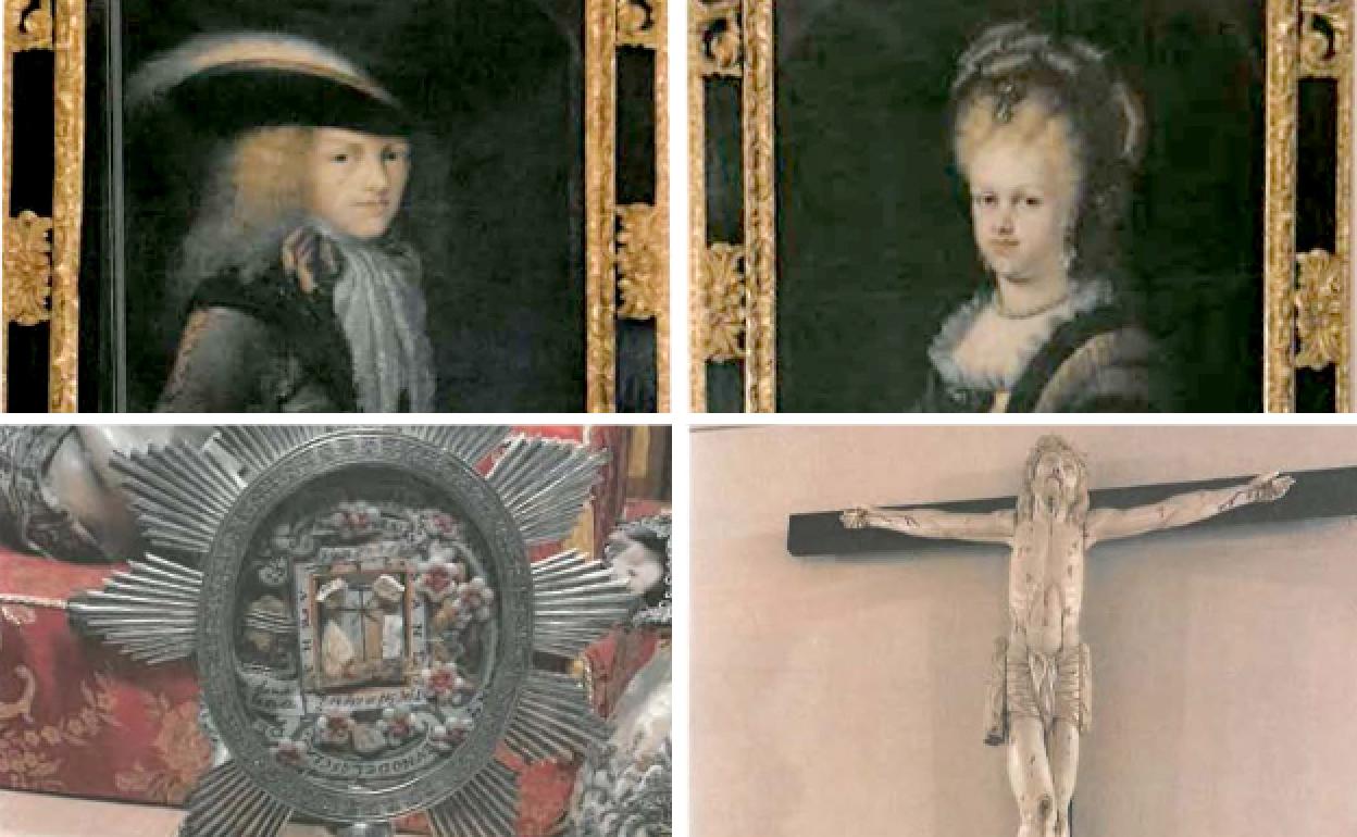 Los óleos de Felipe V y María Luisa de Saboya, obras de Miguel Jacinto Meléndez de Ribera, que datan de 1703. El relicario de la Santa Espina. Crucificado de marfil del siglo XVII. 