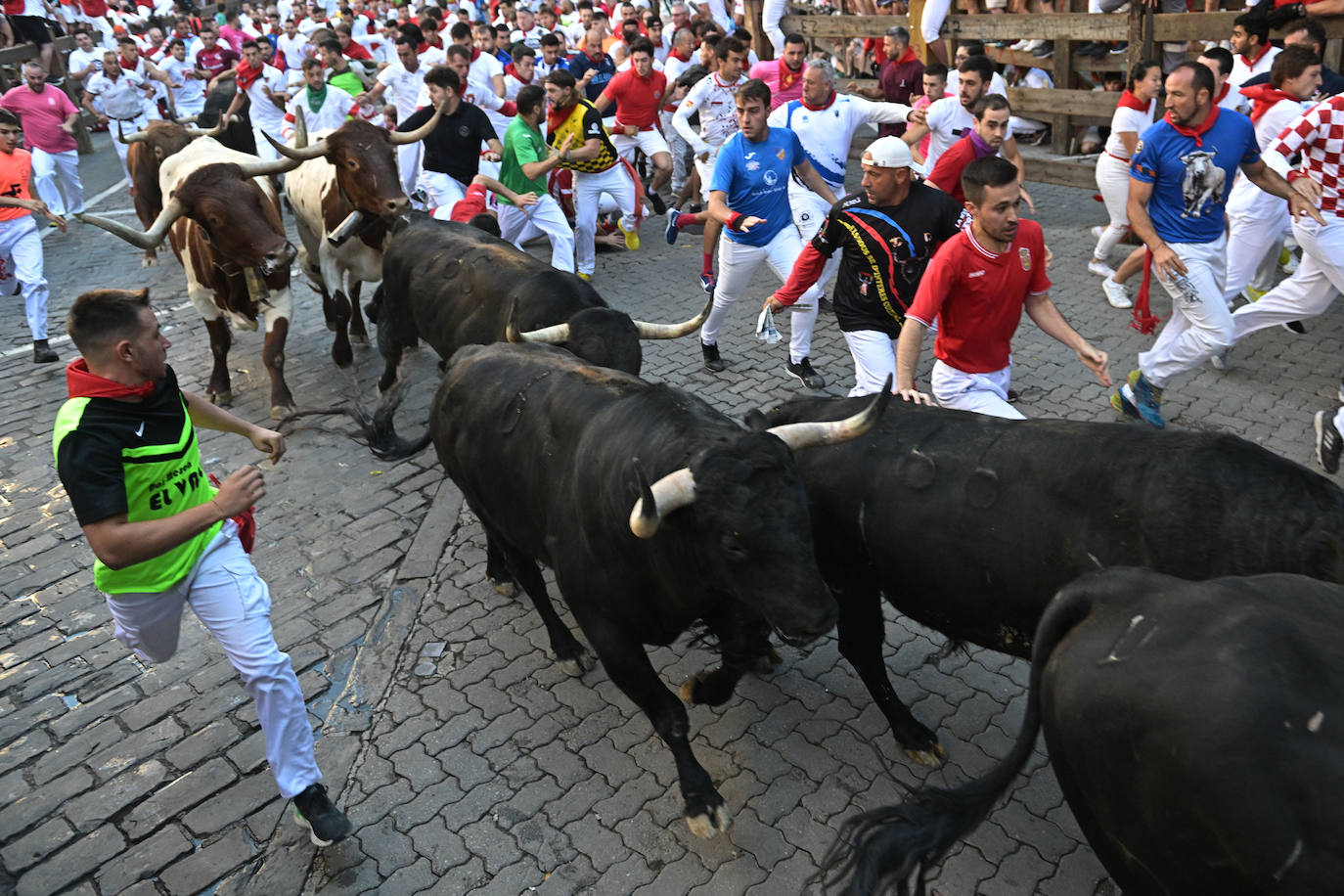 Los mozos corren ante los toros de la ganadería Victoriano del Río. 