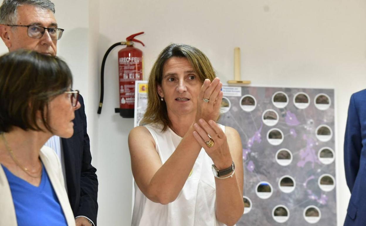Teresa Ribera atiende a los medios de comunicación, este miércoles, durante su visita al Mar Menor.