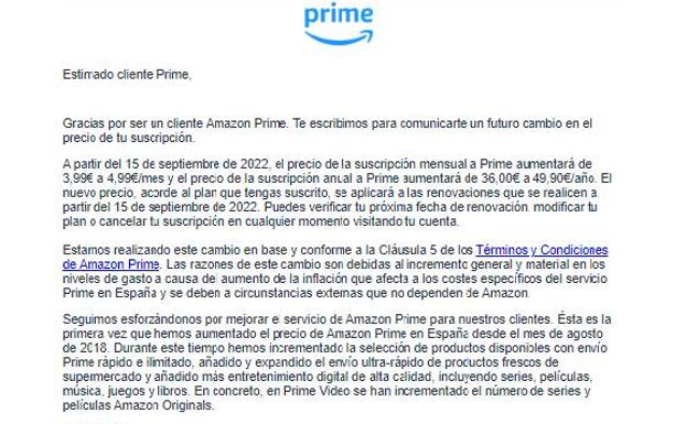 Correo electrónico que le ha llegado a los clientes de Amazon Prime.