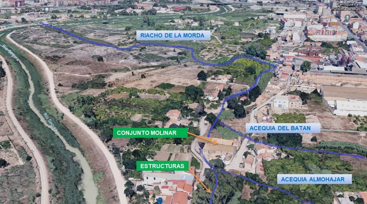 Plano con la ubicación aproximada del conjunto de la huerta protegido por Bienes Culturales. 