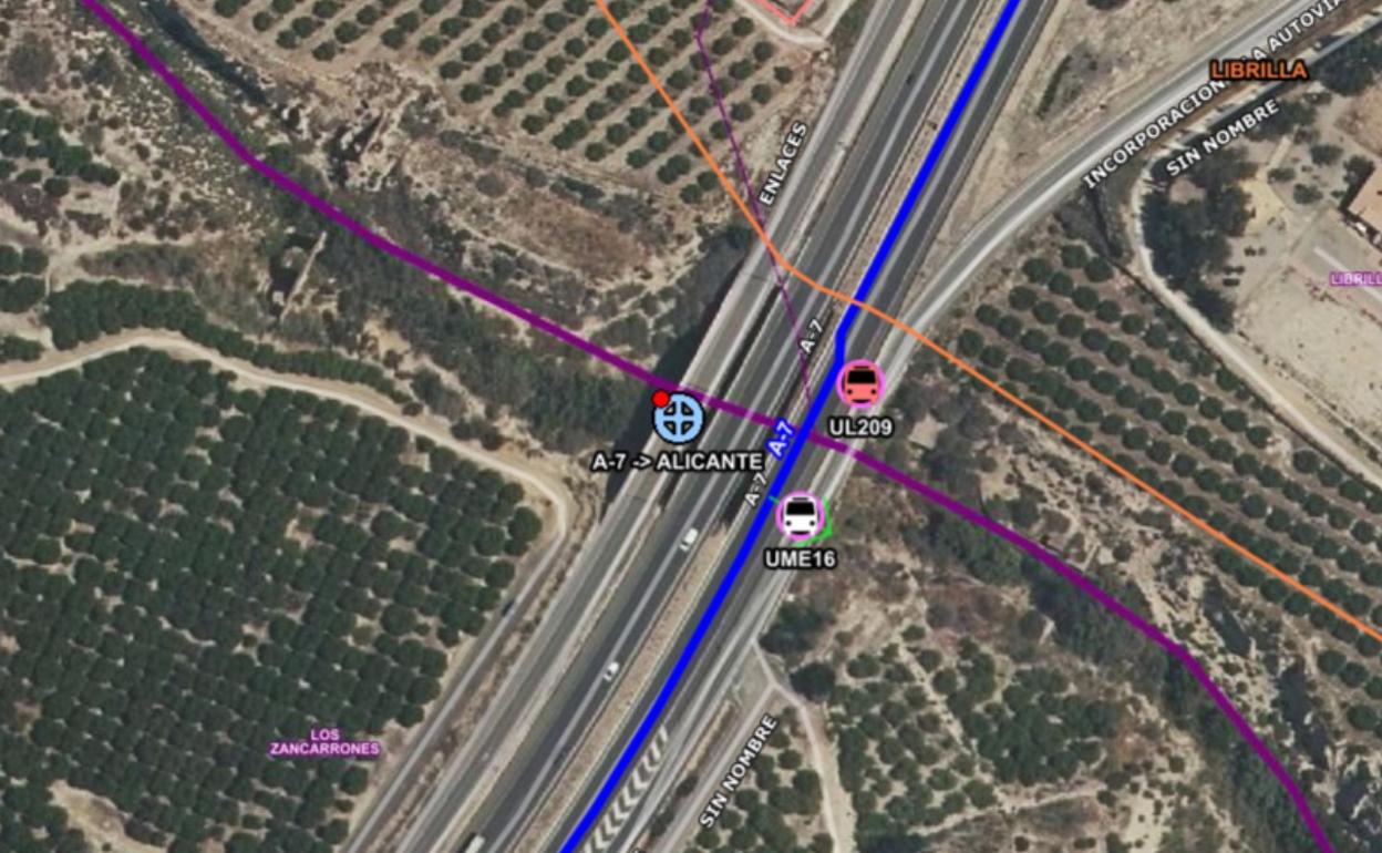 Tramo de la A-7 en el que se produjo el accidente de tráfico, a la altura de Librilla.